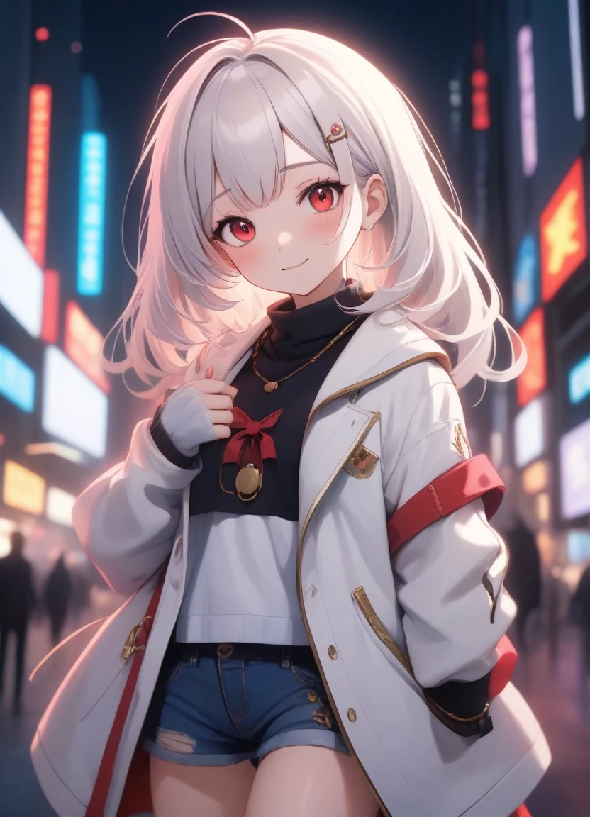 1girl, 15 years old, slim, small breasts, white hair, hairs between eyes, shoulder length hair, pale skin, bright red eye:1.3, white duffle coat and long-sleeve black sweater, open jacket, jeans, gold pocket watches hanging from the neck, BREAK kawaii, smile, cowboy shot, pose, (cyberpunk night city:1.3), neon light, (light particle:1.3), BREAK smooth skin, cinematic lighting, volumetric shadow, BREAK 3D CG illustration, score_9, score_8_up, score_7_up, (masterpiece:1.2), (best quality:1.2), (very aesthetic:1.2), (absurdres:1.2), (detailed background), newest, (intricate:1.2), ai-generated, BREAK