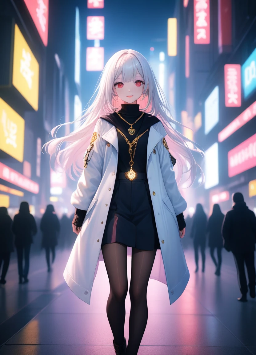 1girl, 15 years old, slim, small breasts, white hair, hairs between eyes, shoulder length hair, pale skin, bright red eye:1.3, white duffle coat and long-sleeve black sweater, open jacket, jeans, gold pocket watches hanging from the neck, BREAK kawaii, smile, cowboy shot, pose, (cyberpunk night city:1.3), neon light, (light particle:1.3), BREAK smooth skin, cinematic lighting, volumetric shadow, BREAK 3D CG illustration, score_9, score_8_up, score_7_up, (masterpiece:1.2), (best quality:1.2), (very aesthetic:1.2), (absurdres:1.2), (detailed background), newest, (intricate:1.2), ai-generated, BREAK