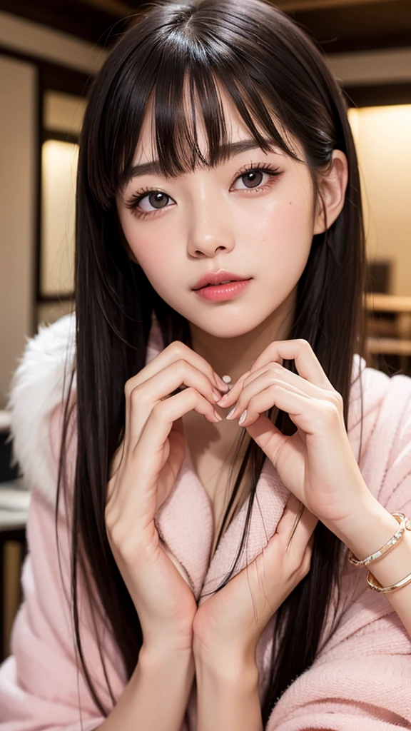 Bright expression、Photorealistic Stick:1.32、Highest quality、Ultra-high resolution、Photos of the most beautiful Japan girls、Cute and beautiful facial details、Small face、(Dealing with the Children_v1:0.008)、美しいbangs、29-year-old、Glowing White Skin、Hair gets tangled in the face、顔まで伸びるbangs、bangs、Hair between the eyes、胸下までのびるLong Hair、Cute twin tails、Silky hair of attractive black color、Bright room、Clear beige eyes shine charmingly、Super big breasts、Nipples are visible through the、Put your hands on your face、Pink puckered lipstick、Light pink eyeshadow、Pink blush、Blue skin tone、Landmine Makeup、Beautiful bunch of eyelashes、Highest quality、((Cute Girls))、29-year-oldの女性、I'm in a hotel room with a beautiful view of the sky from the window.、((Wearing tight, sexy clothes、:1.3))、(Long Hair:1.4)、(Nice and cute、Sexy expression、Wavy long hair、Tight waist、Beautiful eyes in every detail、Other shoots、whole body、Face close-up、