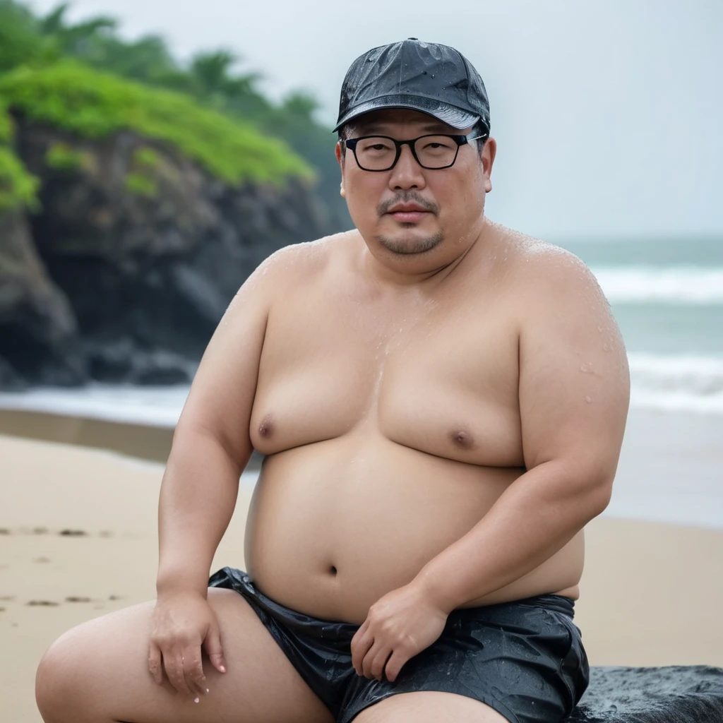 Man 45 years old, Fat, Asian man, eye glasses, no shirt, wearing a coat, Hat, Show belly, wet from the rain, sitting on the beach.