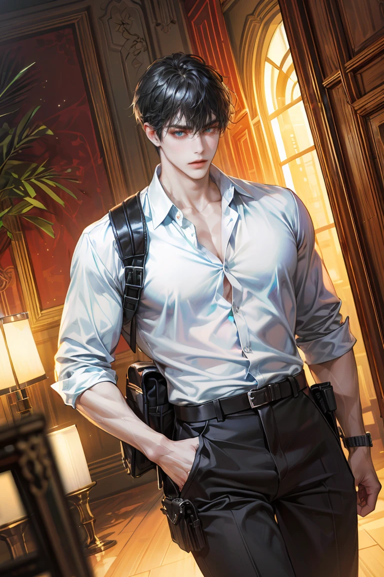 (absurdres, highres, ultra detailed, original character, HDR), 1 russian boy, solo, adult, handsome, ((tall muscular guy, broad shoulders)), finely detailed eyes, (black hair), hair between eyes, turquoise eyes, holographic, futuristic, casual and sexy outfit, gun holster, (body tight white shirt), black trouser, (large man breasts), ((wearing an earring)), cowboy shot, dutch angle, face focused, modern british colonial room, dystopian hong kong city, indoor, closed mouth, looking at viewer, depth of field, bokeh