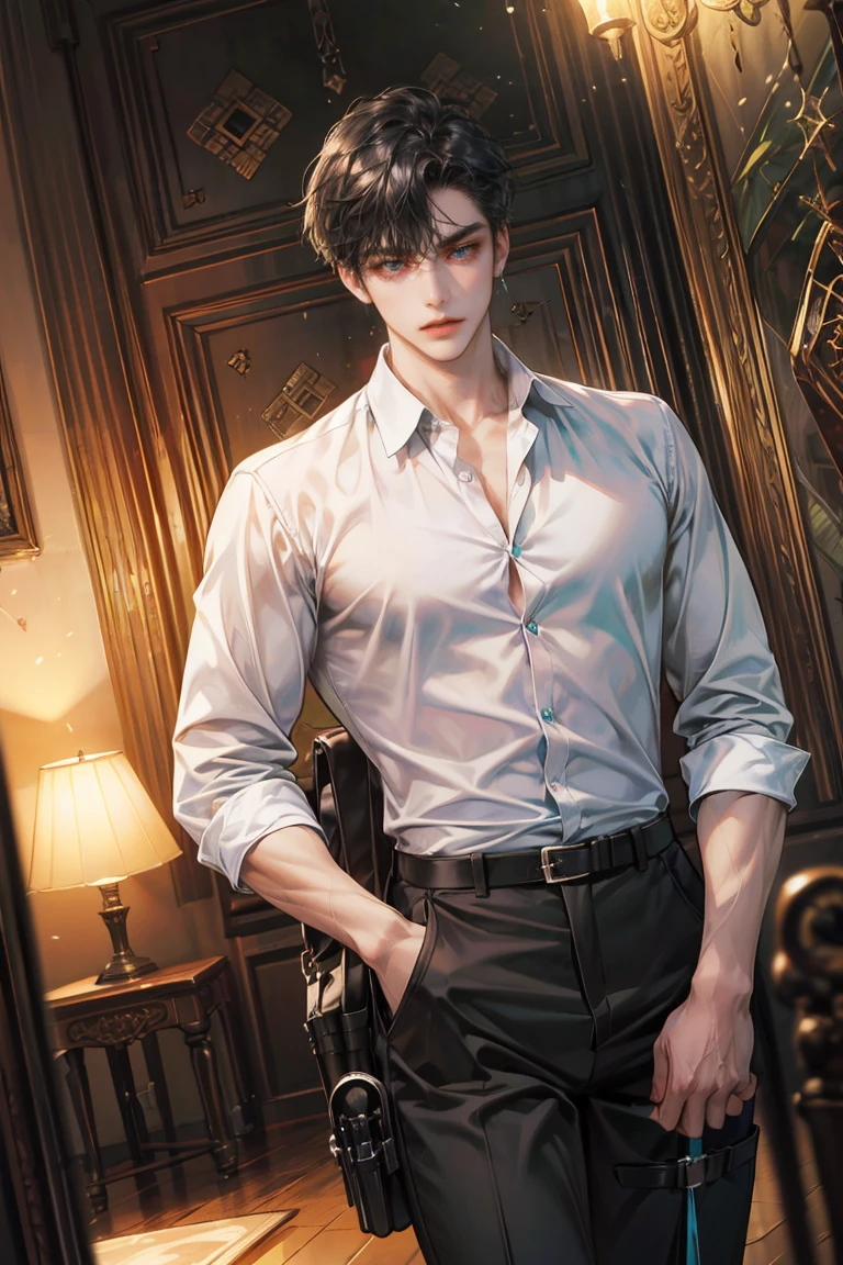 (absurdres, highres, ultra detailed, original character, HDR), 1 russian boy, solo, adult, handsome, ((tall muscular guy, broad shoulders)), finely detailed eyes, (black hair), hair between eyes, turquoise eyes, holographic, futuristic, casual and sexy outfit, gun holster, (body tight white shirt), black trouser, (large man breasts), ((wearing an earring)), cowboy shot, dutch angle, face focused, modern british colonial room, dystopian hong kong city, indoor, closed mouth, looking at viewer, depth of field, bokeh