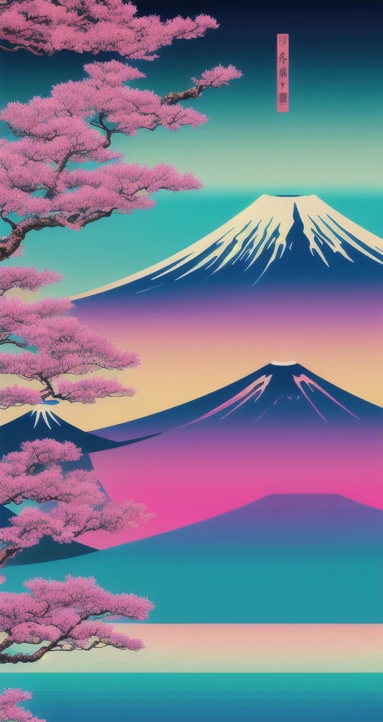 Vaporwave aesthetics, rich colors, flash, very flash, neon colors on a dark background, Mt. Fuji background, a fusion of old Japanese scenery and modern art, POP illustration, poster, perfect composition, design that represents Japan, work of art, vivid colors