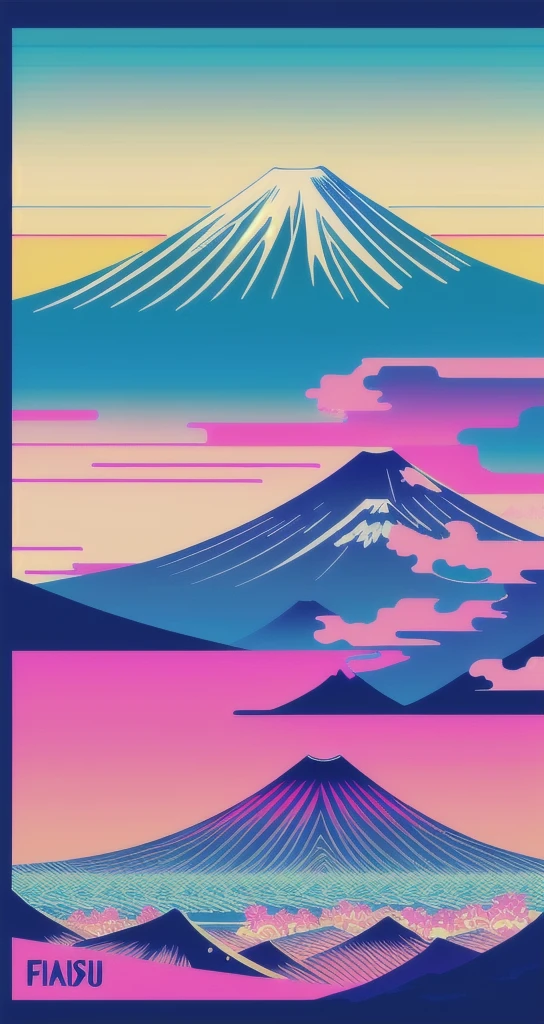 Vaporwave aesthetics, rich colors, flash, very flash, neon colors on a dark background, Mt. Fuji background, a fusion of old Japanese scenery and modern art, POP illustration, poster, perfect composition, design that represents Japan, work of art, vivid colors