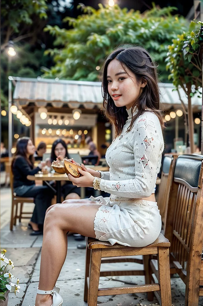 masterpiece, best quality, ultra detailed, high resolution, 1 girl, ((pretty lady MoonLay)), Burmese girl, ((pretty lady MoonLay's seductive sweet face with sweet smile:1.2)), ((playing guitar and singing with sweet smile:1.5)), ((electric guitar)), ((restaurant with unplugged background:1.5)), golden hour setting, 8k, (black sweater turtleneck tight blouse), ((many white flowers pattern printed on black mini tight skirt:1.2)), (sitting on stylish stage stool), (((crossing legs:1.1))), (stiletto high heel), ((full body front angle side view:1.5)), ((blur background with star shaped bokeh effect to highlight portrait better)), (vibrant HDR lighting),