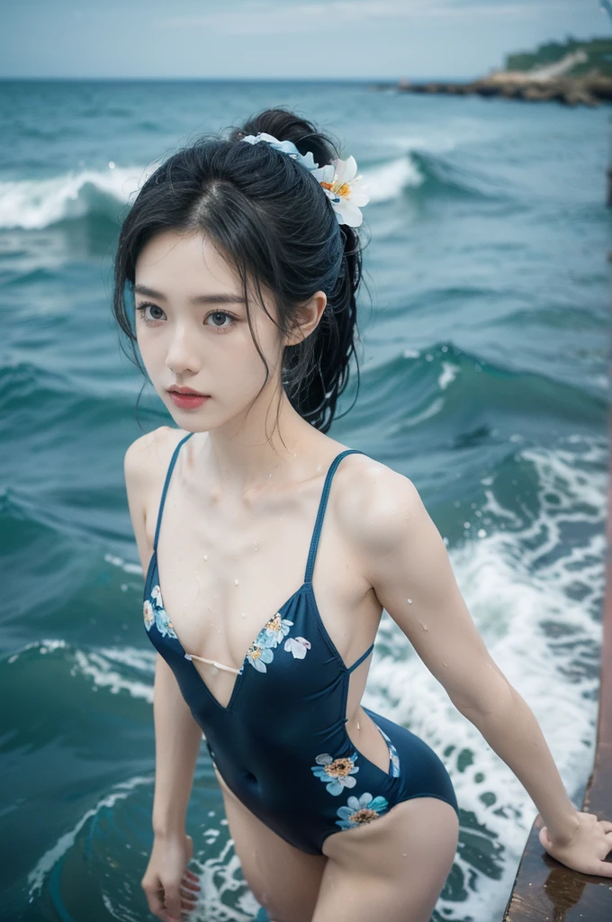 "(((best quality))), (((ultra detailed))), (((masterpiece))), illustration,((1 beautiful young girl,solo)),((slim,thin)),(vibrant floral swimsuit:1.3),((small breasts,flat chest)),(short ponytail:1.2),((shiny skin,sweat,wet)),seaside, summer, joyful, playful, physical features, smooth fair skin, gentle sea breeze, endless azure sky, picturesque backdrop, whiteness of sand, deep blues of the sea, waves crashing, internal turmoil, transformation, standing on the cusp of womanhood, confidence, sexuality, metaphorical plunge, next chapter of life,significance of the moment, beauty of the seaside, celebration of youth, excitement of summer ahead,((from front,upper body))