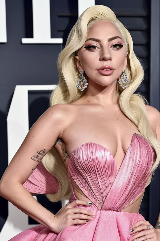 Lady Gaga puts on beautiful makeup, wears a pink evening gown, and poses elegantly
