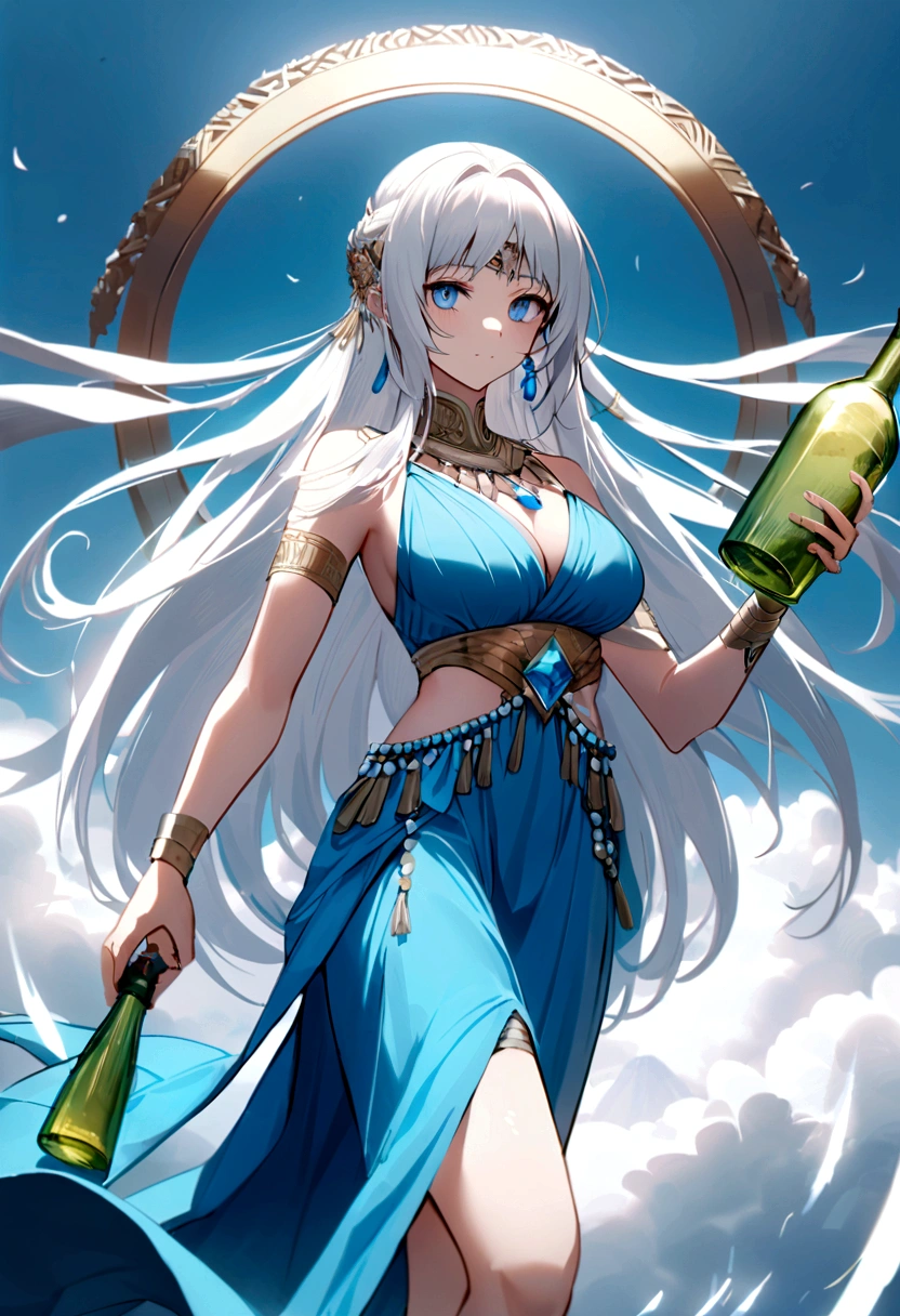 (Huang Li、high quality、Extremely detailed),Constellation - Aquarius Goddess,Huge bottle,Woman holding bottle,Similar to Latin goodness,brave,capricious,Productivity,The face of enterprising and humanitarianism,White hair,Ancient Greek costumes、Wrap Dress,The background is the ocean,Crystal blue eyes(Eyes Details),Powerful appearance
