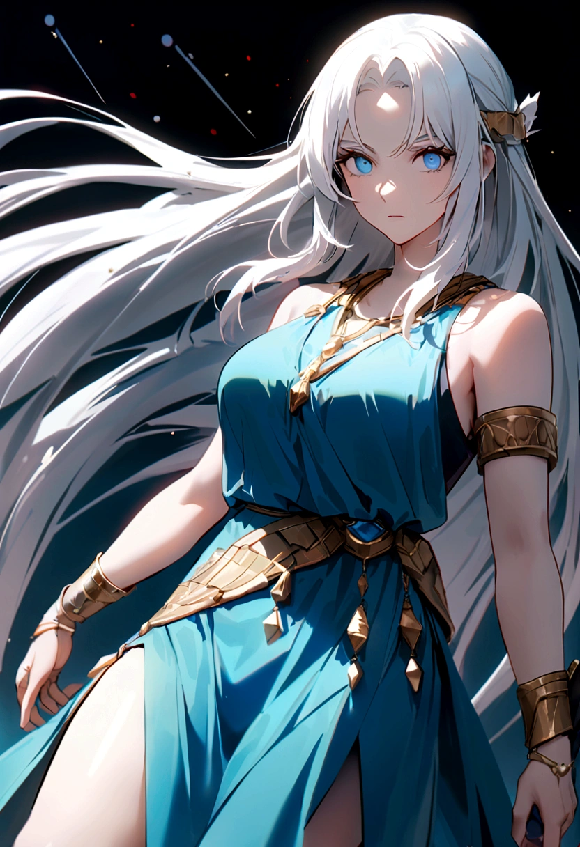 (Huang Li、high quality、Extremely detailed),Constellation - Aquarius Goddess,Huge bottle,Woman holding bottle,Similar to Latin goodness,brave,capricious,Productivity,The face of enterprising and humanitarianism,White hair,Ancient Greek costumes、Wrap Dress,The background is the ocean,Crystal blue eyes(Eyes Details),Powerful appearance