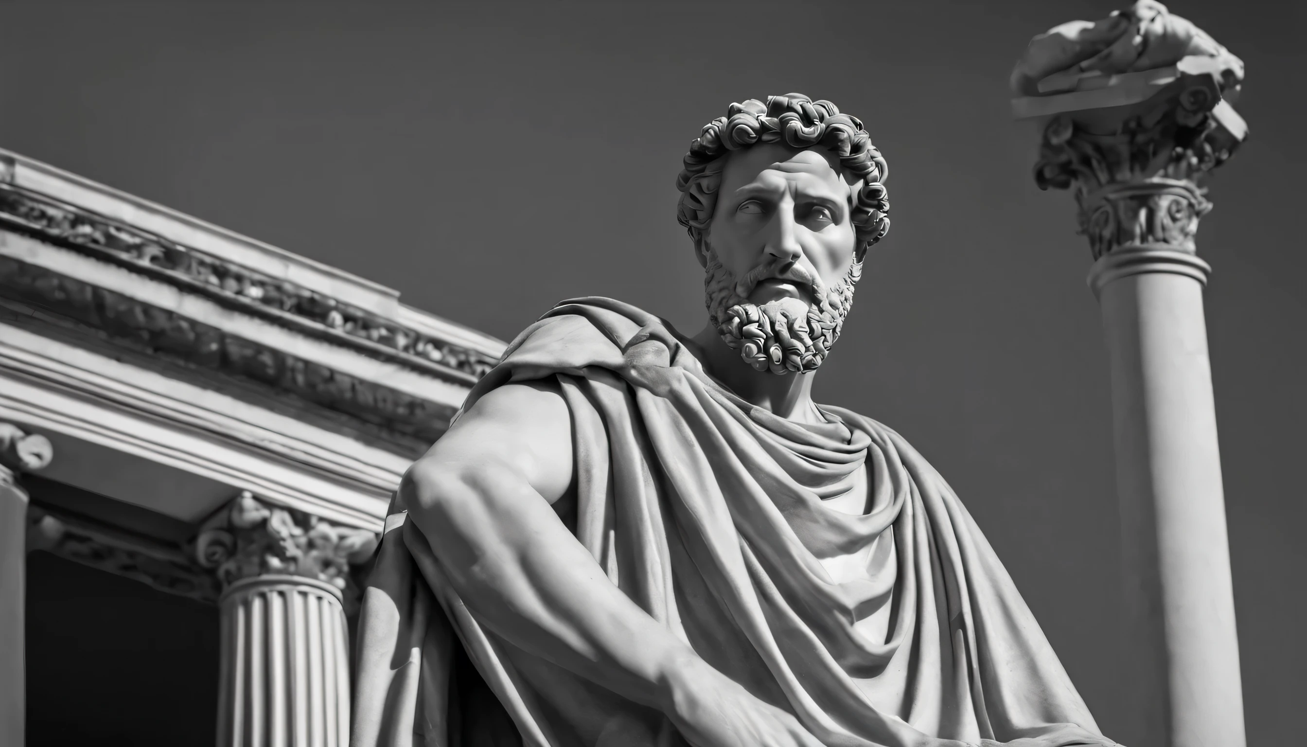 une statue portrait du stoïque Marc Aurèle en noir et blanc 4K,De profil, fond d'écran super réaliste