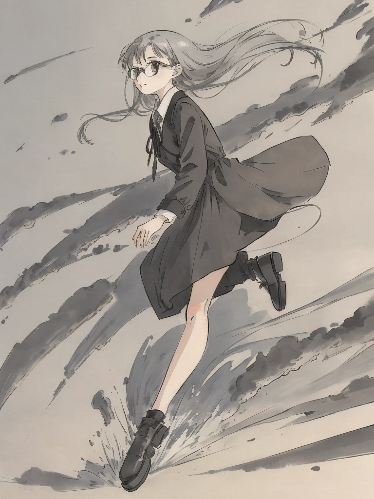 Masterpiece, Highest quality, Low Contrast((must))A Russian girl in her early 20s with ash grey hair, Head to toe full body, wearing simple eyeglasses, falling angle, The face is dense((must))
