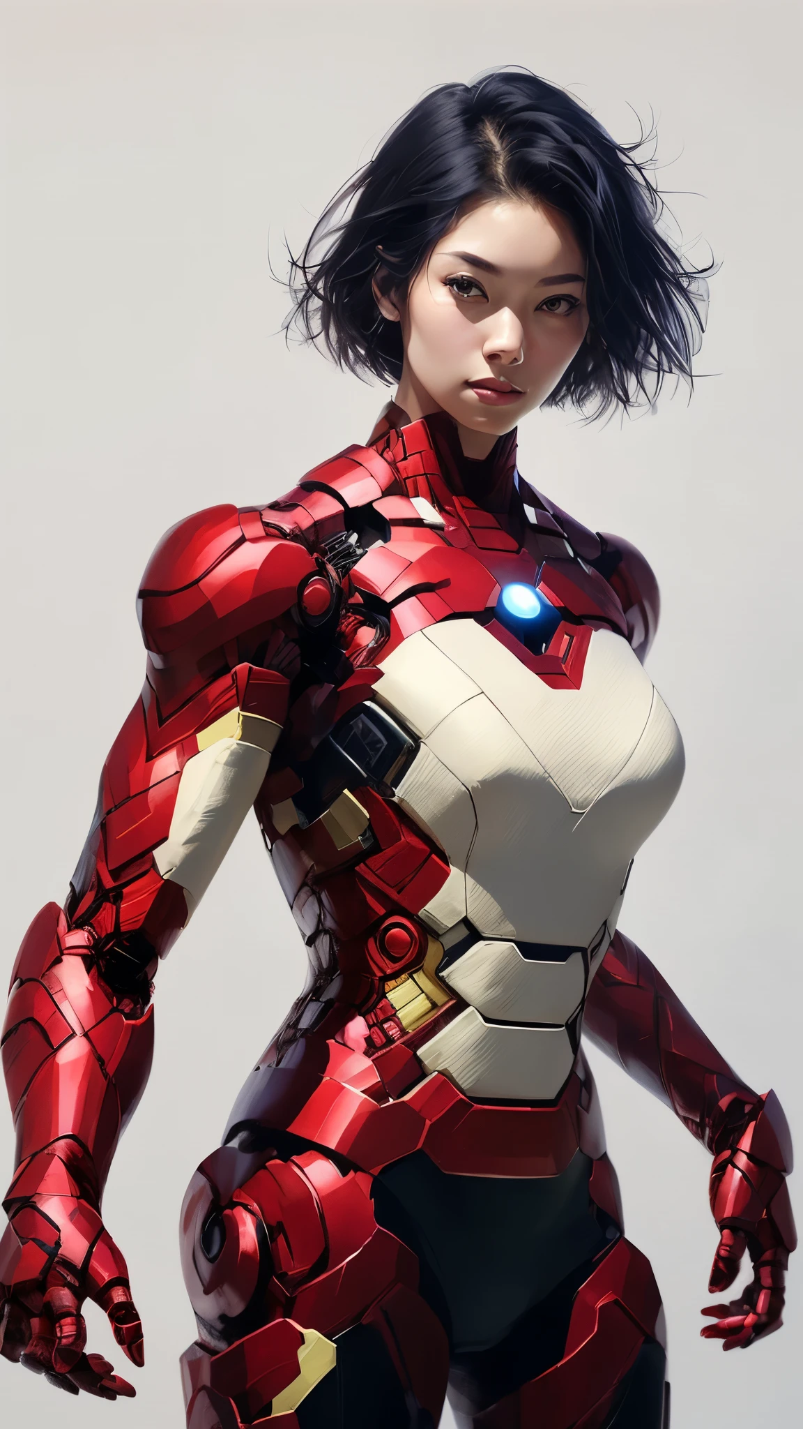 Upper Body、Asian、Short black hair、22 years old、Iron Man Design、Female body type、Large Breasts、Simple Background、