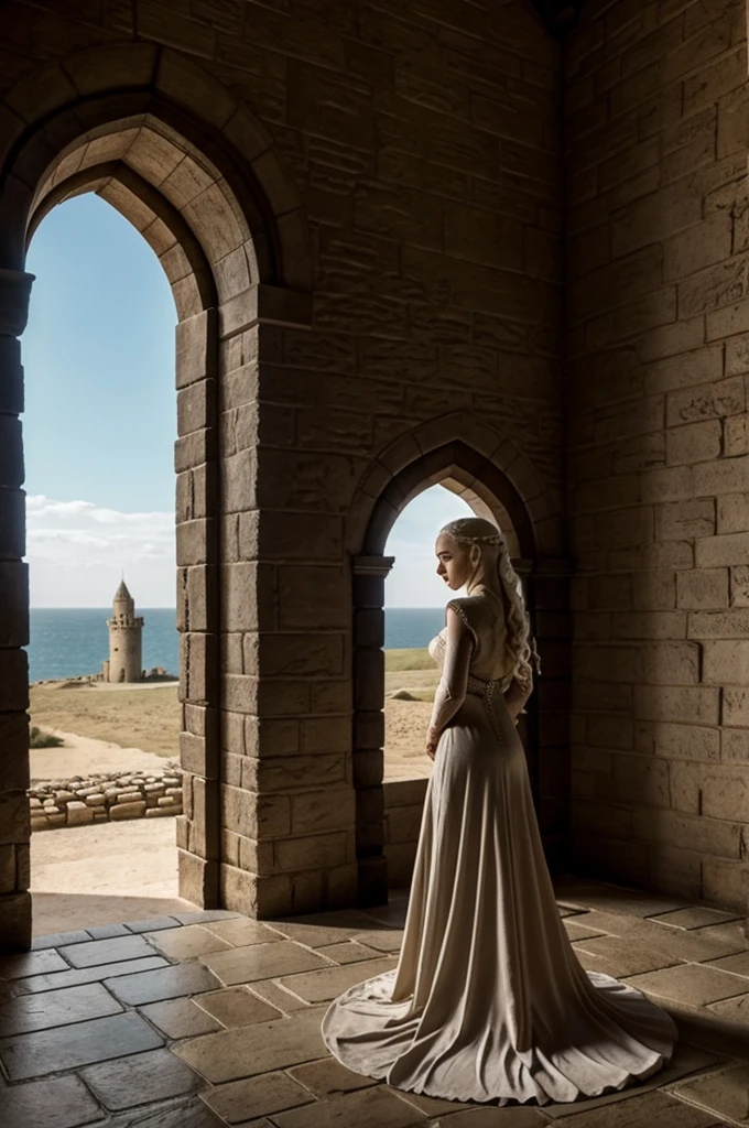 Daenerys Targaryen standing in castle, dress bigger size  and ass, photo from front 
