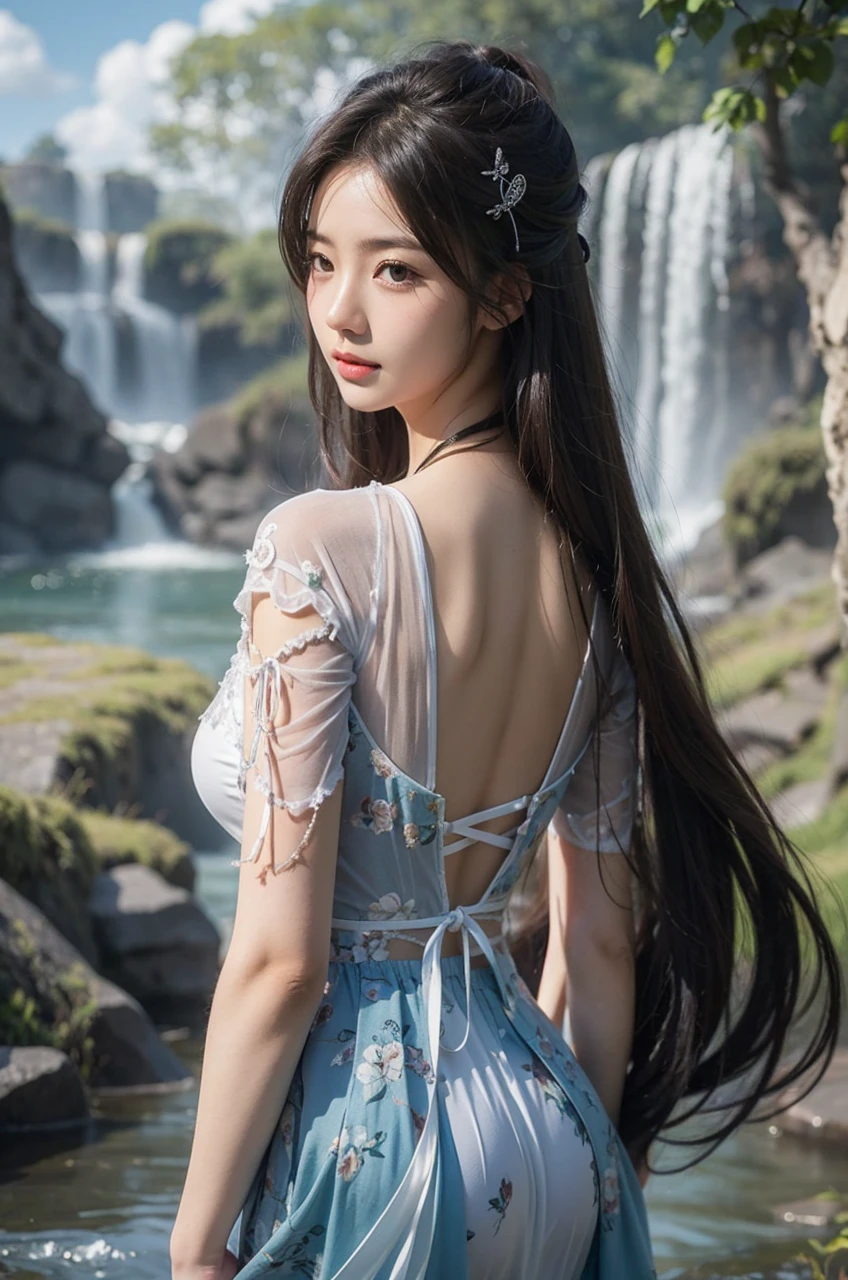 Beautiful Japanese Waifu, early 30s, brunette hair, fantasy wuxiao costume, in front of waterfalls