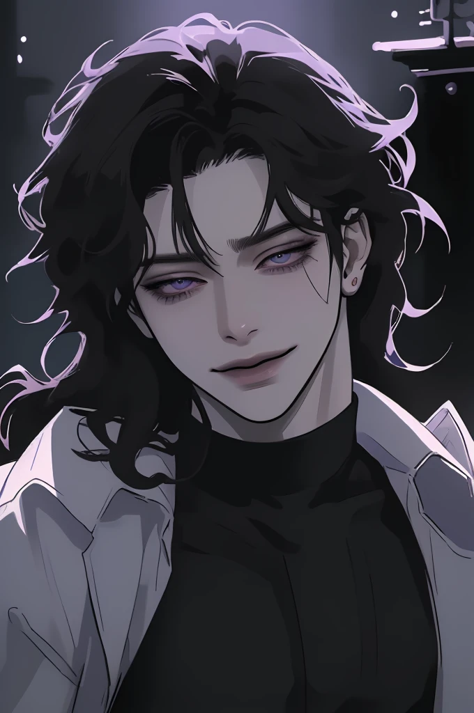 anime man in the night city, attractive man with сиреневые глаза while squinting, black hair, black loose shirt, (((no decorations on clothes))), beautiful detailed eyes, lilac eyes eyes, squinting, shoulder-length curly hair, (Best quality,4K,8 k,A high resolution,masterpiece:1.2), ultra detailed,  (realistic, photorealistic,photo-realistic:1.37), bright colors, dark lighting, Cinematic, A sly smile on his face, long hair, full length