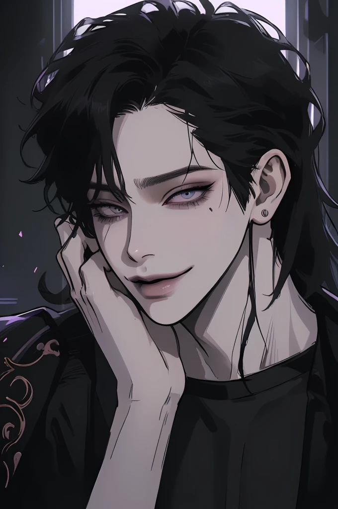 anime man in the night city, attractive man with сиреневые глаза while squinting, black hair, black loose shirt, (((no decorations on clothes))), beautiful detailed eyes, lilac eyes eyes, squinting, shoulder-length curly hair, (Best quality,4K,8 k,A high resolution,masterpiece:1.2), ultra detailed,  (realistic, photorealistic,photo-realistic:1.37), bright colors, dark lighting, Cinematic, A sly smile on his face, long hair, full length