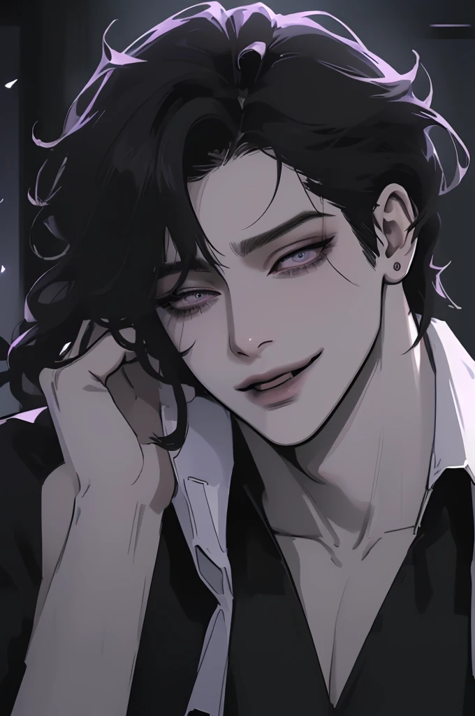 anime man in the night city, attractive man with сиреневые глаза while squinting, black hair, black loose shirt, (((no decorations on clothes))), beautiful detailed eyes, lilac eyes eyes, squinting, shoulder-length curly hair, (Best quality,4K,8 k,A high resolution,masterpiece:1.2), ultra detailed,  (realistic, photorealistic,photo-realistic:1.37), bright colors, dark lighting, Cinematic, A sly smile on his face, long hair, full length