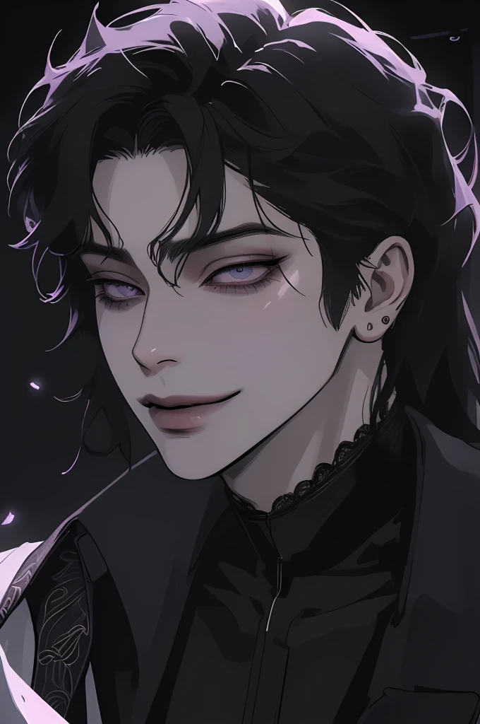 anime man in the night city, attractive man with сиреневые глаза while squinting, black hair, black loose shirt, (((no decorations on clothes))), beautiful detailed eyes, lilac eyes eyes, squinting, shoulder-length curly hair, (Best quality,4K,8 k,A high resolution,masterpiece:1.2), ultra detailed,  (realistic, photorealistic,photo-realistic:1.37), bright colors, dark lighting, Cinematic, A sly smile on his face, long hair, full length