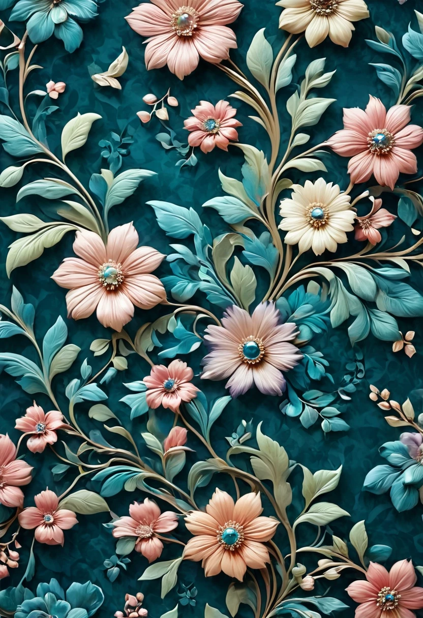 Beautiful repeating beautiful floral patterns in gemstone tones, 3d effect, Ultra photo realsisim , Pinterres, The hexadecimal code color is 5ABCB9, 63E2C6, FB6376, 613F75, 0C6291 only, Flowing, the wallpaper, Artistic