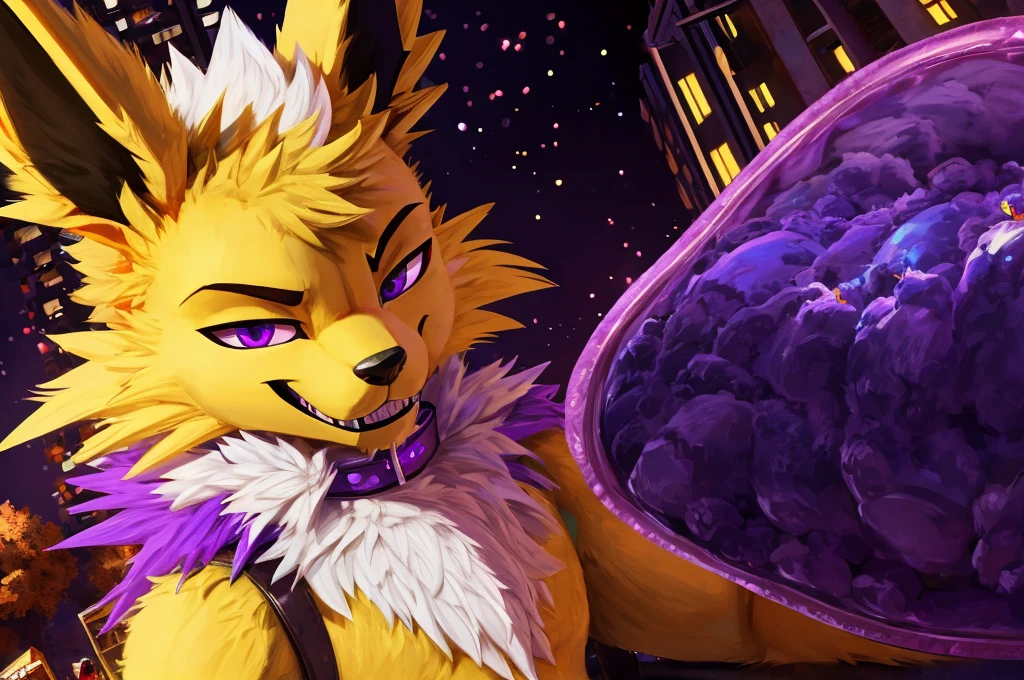 Macro Male Jolteon (pokemon), smug expression, big teeth, high contrast, 8k HD, detailed, hyper-detailed, furry vore, primary fur yellow, secondary fur white, White mohawk, purple eyes, purple collar, best quality, ultra high res, Bully, Teasing, Flirty, Eating Tiny Person