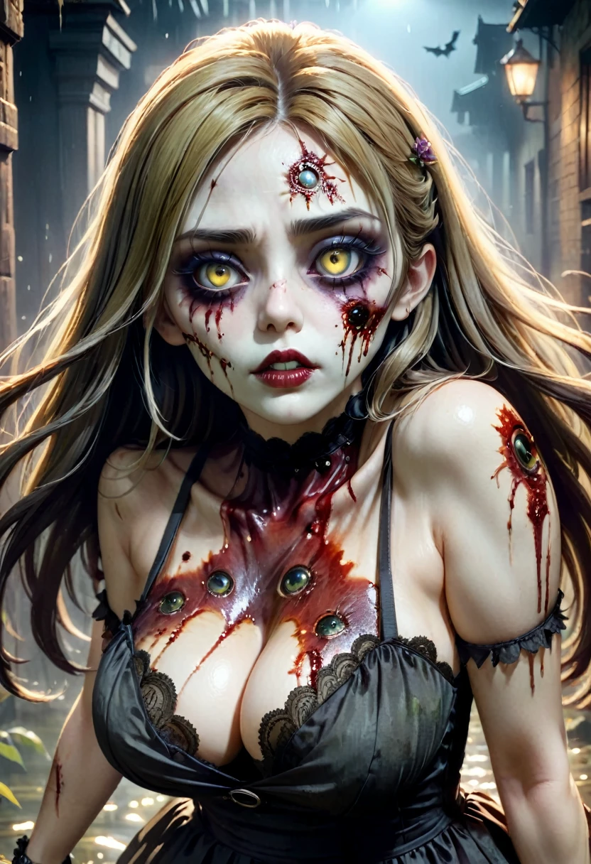 Female Zombie、(Female Zombieは両手を上げて腋の下を見せてスリラーダンスを踊る:2.0)、Wearing a dirty and damaged floral dress、Detailed decayed eyes、Detailed collapsed lips、Highly detailed skull-like face、Pale grass-colored skin、Sunken eye sockets、Big Breasts、Big Butt、Dark and gritty、Cinematic lighting、High contrast、Gloomy atmosphere、Super detailed、8K、Photorealistic、masterpiece、Horror、Gothic、Late Night