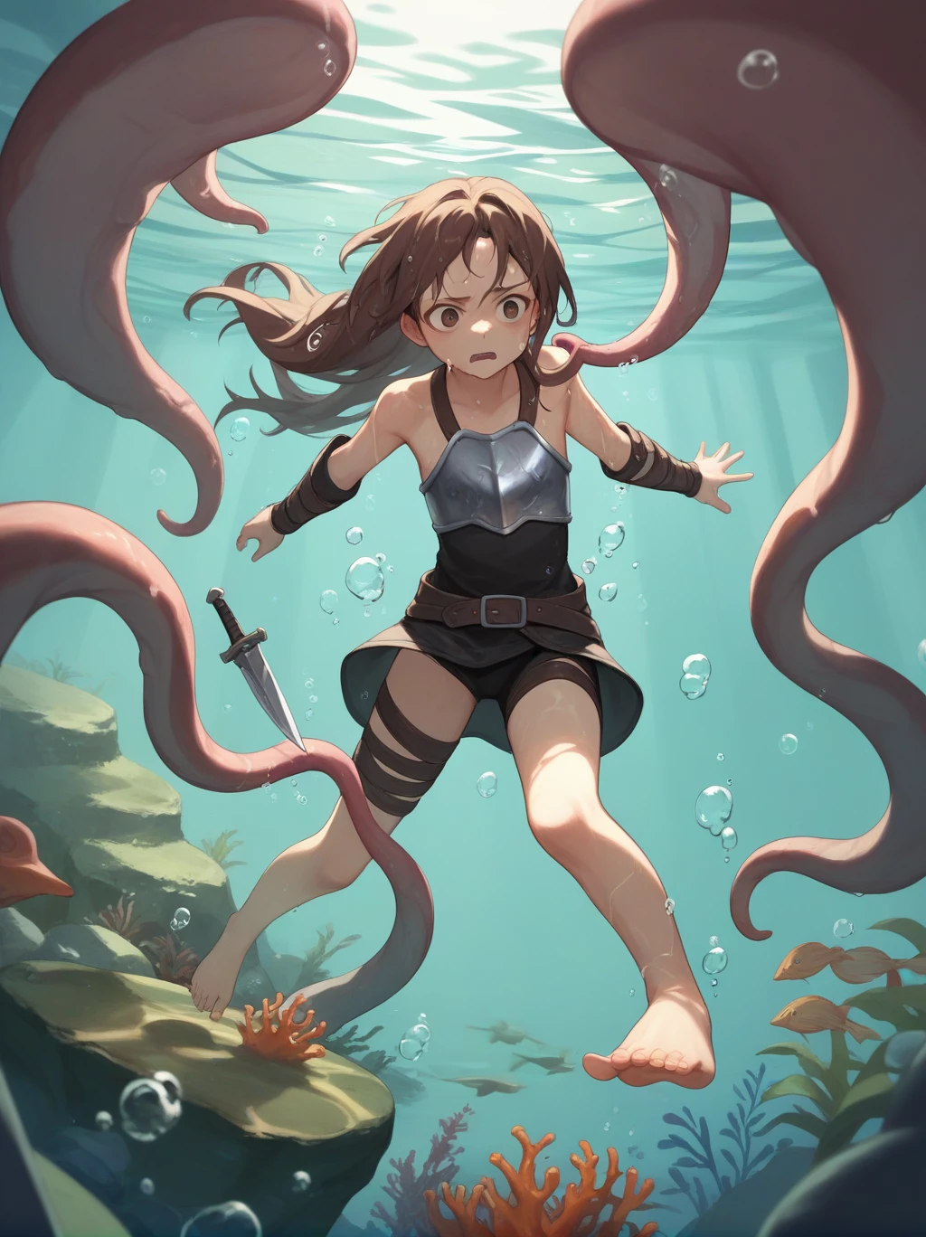 partially underwater,最high quality,high quality, four years old, , Long Hair, Brown Hair, Wet Hair, Flat Chest,Dark Underground Labyrinth,No light,Leather Armor,Equipped with a dagger and a shield,Face above water,Corpses in the water, Underwater Photography,The lobe rolls up due to buoyancy.,Painful face、My feet are being pulled by tentacles、Being dragged into the water、Go Wild