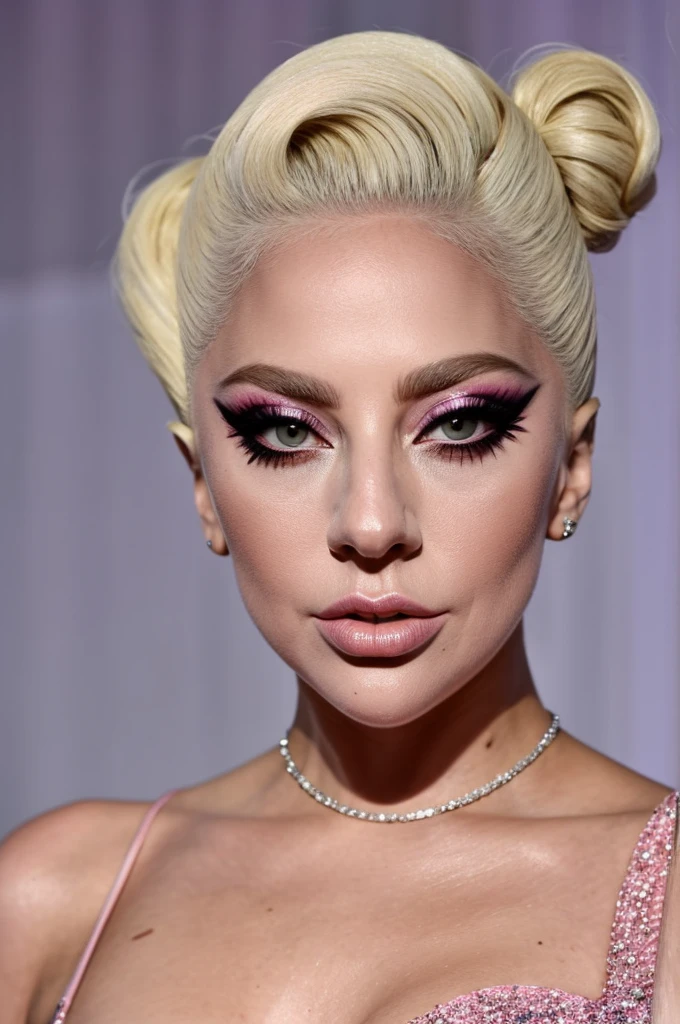 Lady Gaga puts on beautiful makeup, wears a pink evening gown, posing in front of the camera