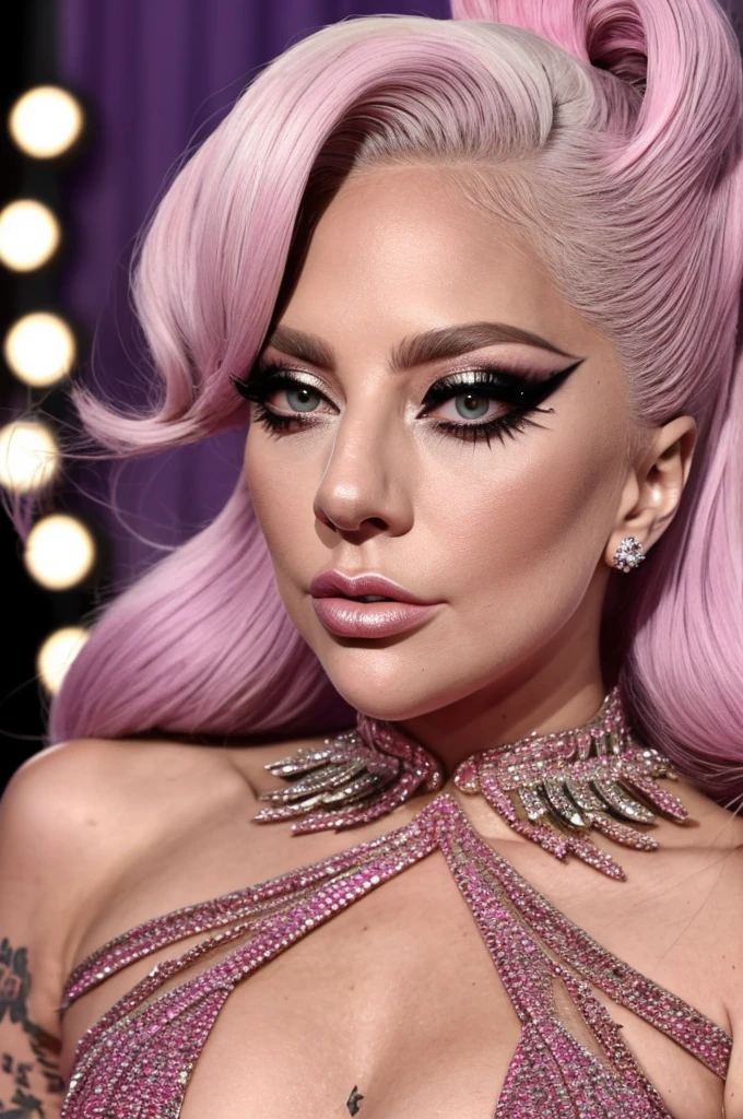 Lady Gaga puts on beautiful makeup, wears a pink evening gown, posing in front of the camera