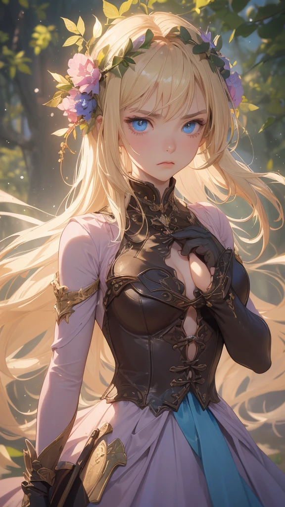 (angry expression), ( frown ) work of art, ultra creative, epic details, ultra detaild, best resolution, Woman, archer, blonde, (Beautiful nymph), ( robust wreath of leaves and pink and blue flowers), sculptural body, (brown clothes made of leather), ((perfect hands))), scenario:Enchanted Forest), no mistakes, (((epic details na face))), (((ultra perfect eyes)))
