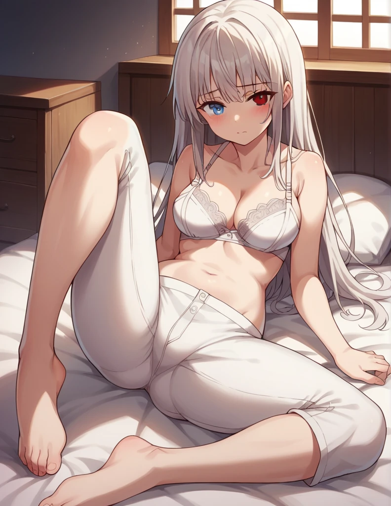 1girl, solo, full length, long hair, medium breasts, looking at viewer, bangs, heterochromia, blue eyes, red eyes, blush, lying, nudes, open legs, cleavage, brassiere, bra, bare shoulders, underpants, indoors, on the bed, white bra, white underpants, blush, open belly,  closed mouth, open navel, open neck, heterochromia, open neck, open legs,