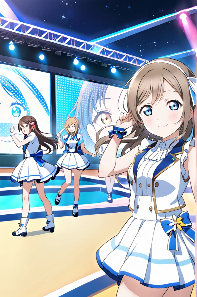 Sakurazaka Shizuku Brown Hair Long Hair Light blue eyes Big hair ribbon (1People Girls) White dress with light blue lines Flower wrist headband Beach smile Live Stage LoveLive Nijigasaki Gakuen School Idol Club
