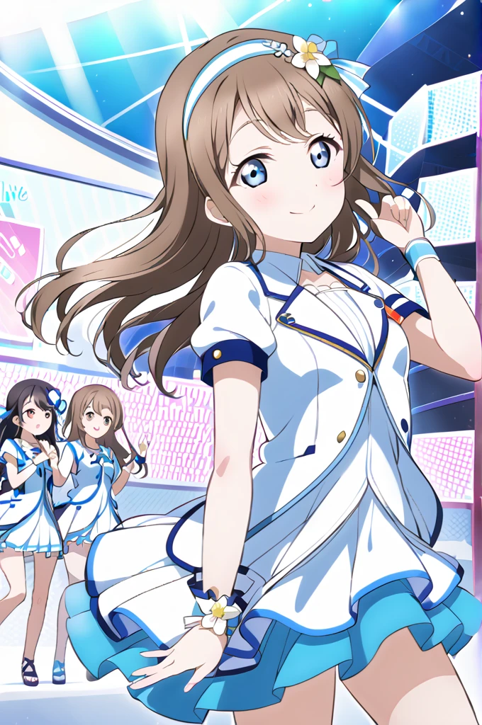 Sakurazaka Shizuku Brown Hair Long Hair Light blue eyes Big hair ribbon (1People Girls) White dress with light blue lines Flower wrist headband Beach smile Live Stage LoveLive Nijigasaki Gakuen School Idol Club