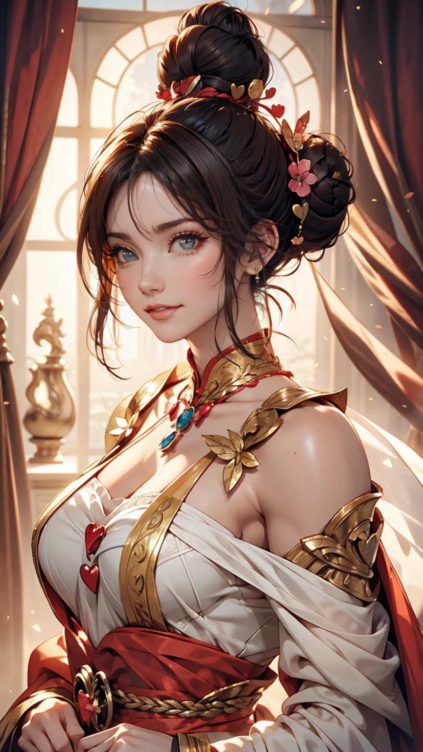 Drill Hair, curtained hair, Hair Bun, Big Hair, Medium Hair, リボンHair Bunド, Heart-shaped pupils, Raise your eyebrows, smile, Pursed lips, Surrealism, Renaissance, anime, anime style, Cinema Lighting, Depth of written boundary, God&#39;s Rays, Cast a Shadow, Fujicolor, First Person View, throw, Wide-angle, anime style, Surrealism, 超High resolution, retina, masterpiece, Accurate, Textured skin, Attention to detail, High resolution, 16K、24 year old Caucasian female、Sexy proportions、Sexy、Narrow waist