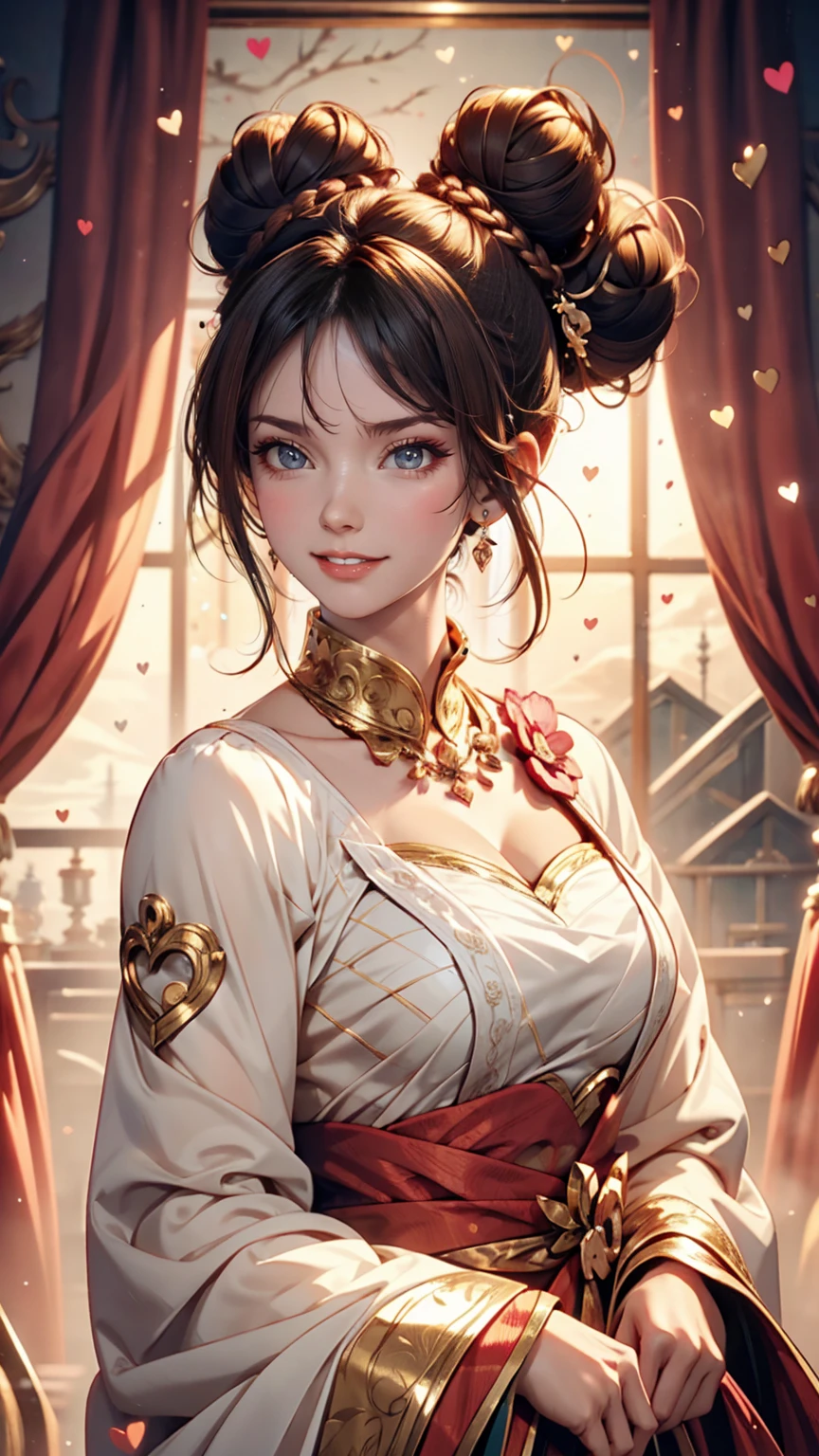Drill Hair, curtained hair, Hair Bun, Big Hair, Medium Hair, リボンHair Bunド, Heart-shaped pupils, Raise your eyebrows, smile, Pursed lips, Surrealism, Renaissance, anime, anime style, Cinema Lighting, Depth of written boundary, God&#39;s Rays, Cast a Shadow, Fujicolor, First Person View, throw, Wide-angle, anime style, Surrealism, 超High resolution, retina, masterpiece, Accurate, Textured skin, Attention to detail, High resolution, 16K、24 year old Caucasian female、Sexy proportions、Sexy、Narrow waist