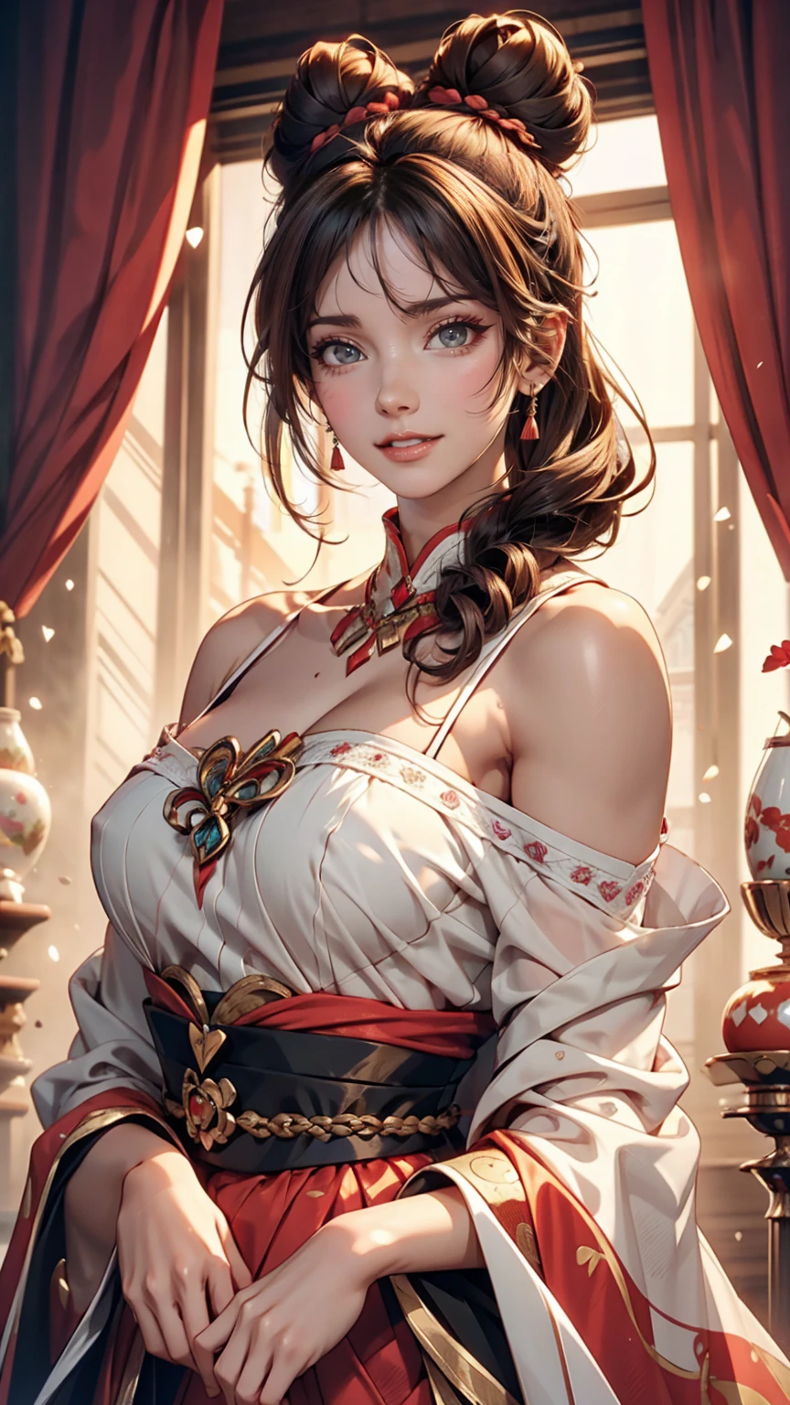 Drill Hair, curtained hair, Hair Bun, Big Hair, Medium Hair, リボンHair Bunド, Heart-shaped pupils, Raise your eyebrows, smile, Pursed lips, Surrealism, Renaissance, anime, anime style, Cinema Lighting, Depth of written boundary, God&#39;s Rays, Cast a Shadow, Fujicolor, First Person View, throw, Wide-angle, anime style, Surrealism, 超High resolution, retina, masterpiece, Accurate, Textured skin, Attention to detail, High resolution, 16K、24 year old Caucasian female、Sexy proportions、Sexy、Narrow waist