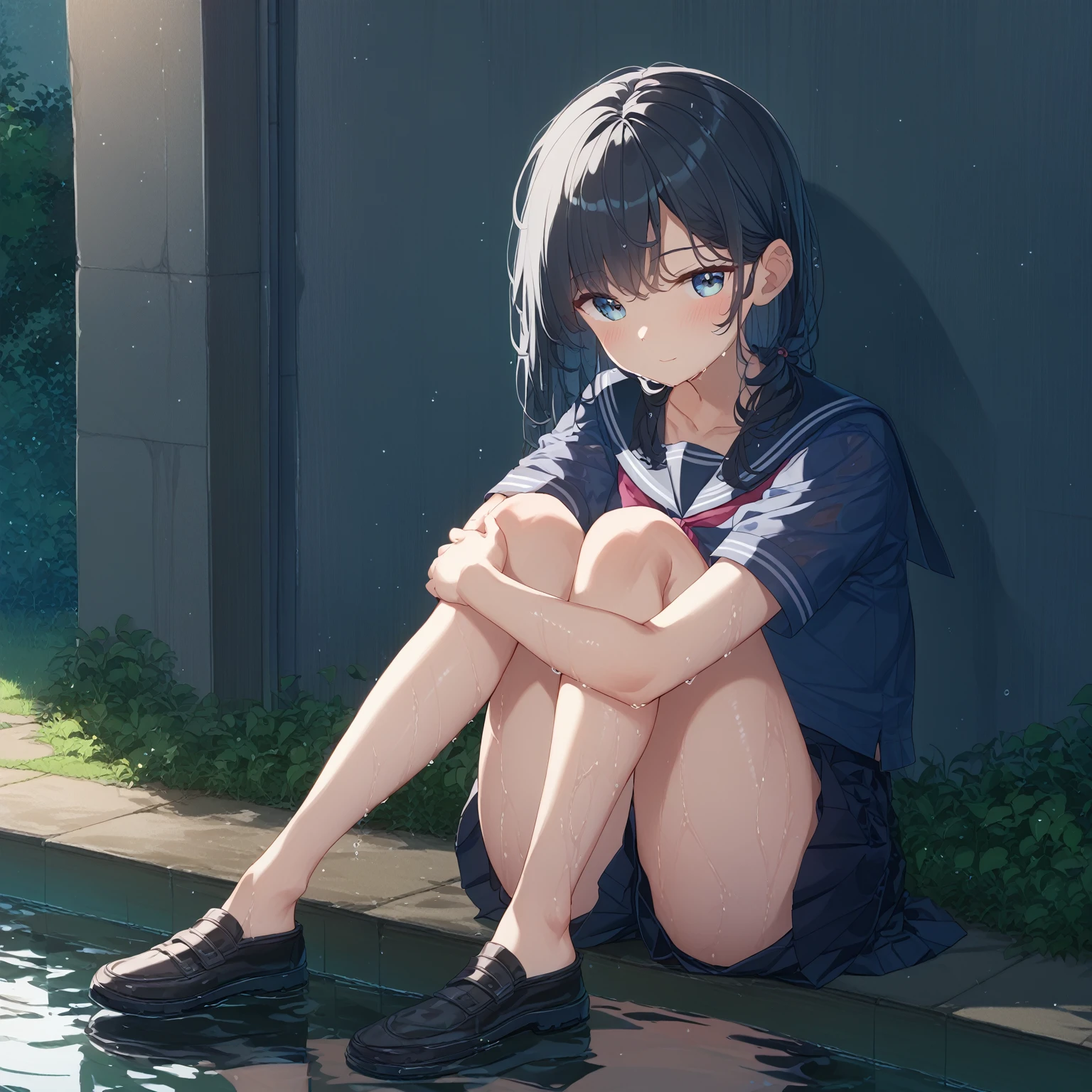 1girl、Black Hair、Sailor suit、Wet clothes、Wet Hair、Grass、rain、evening、Reflection on the water、puddle、deep faint light 、 detailed CG、high resolution