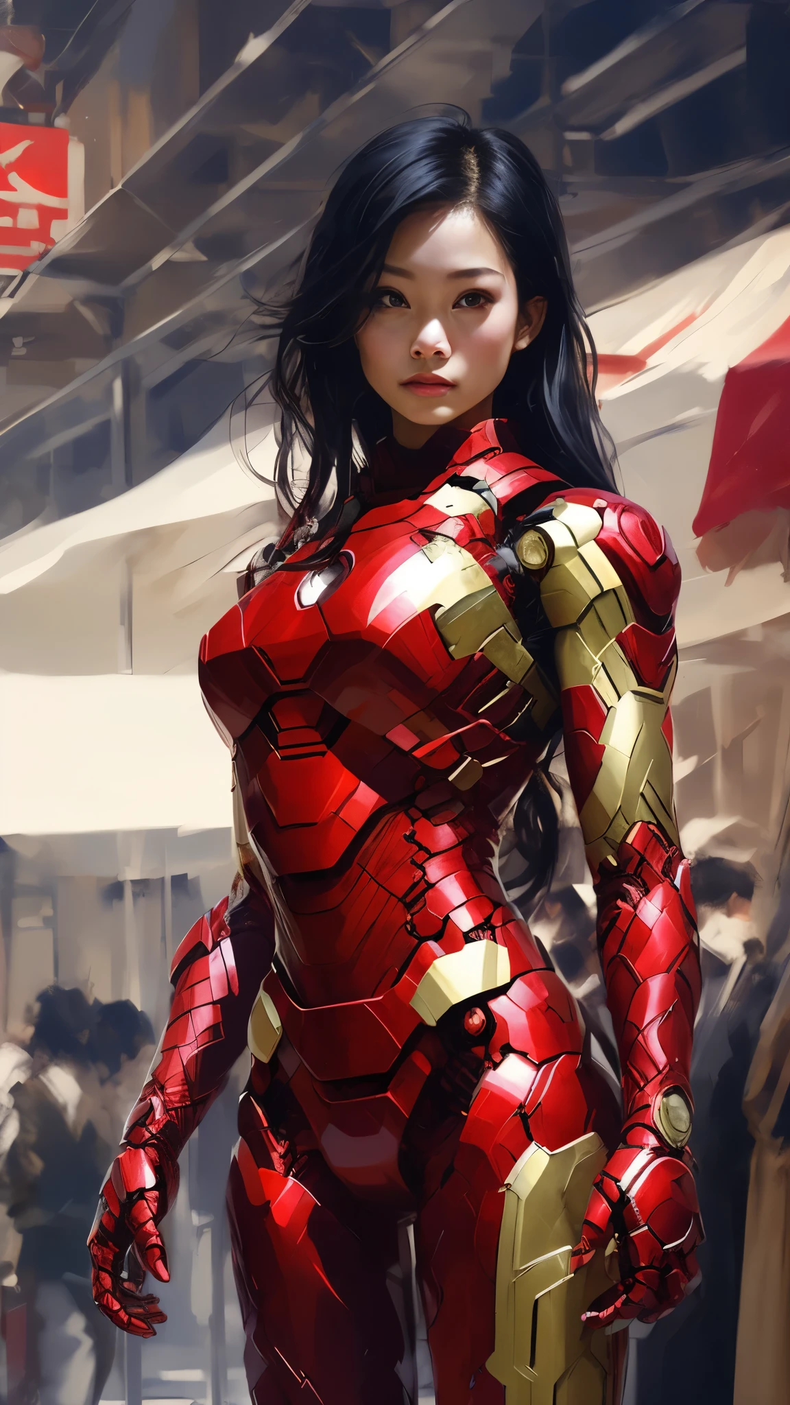 Iron Man Design、Simple design、20-year-old、Asian、Long black hair、woman体型、Large Breasts、woman