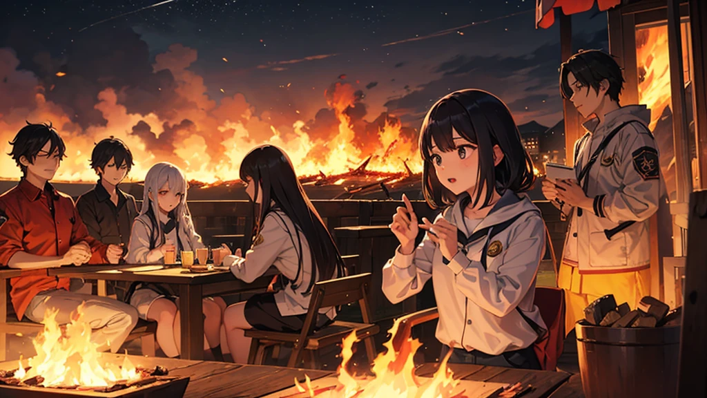 Sea of Fire、Woman in the Flames、20-year-old、Black Hair、1 person、Fire Prevention Girl、Creepy、fire、night