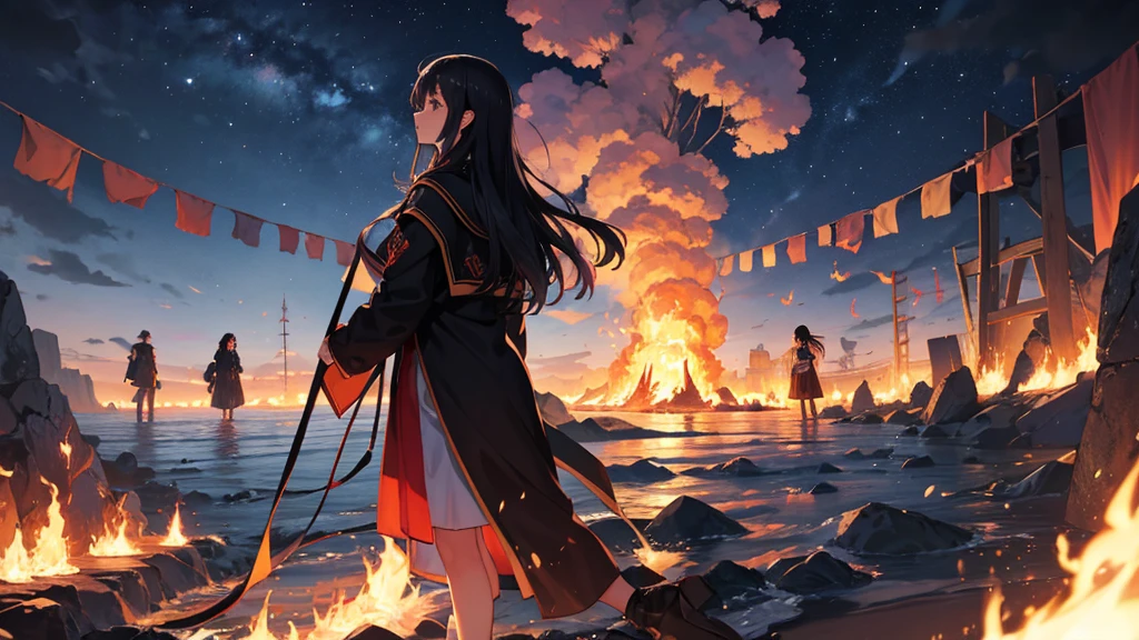 Sea of Fire、Woman in the Flames、20-year-old、Black Hair、1 person、Fire Prevention Girl、Creepy、fire、night