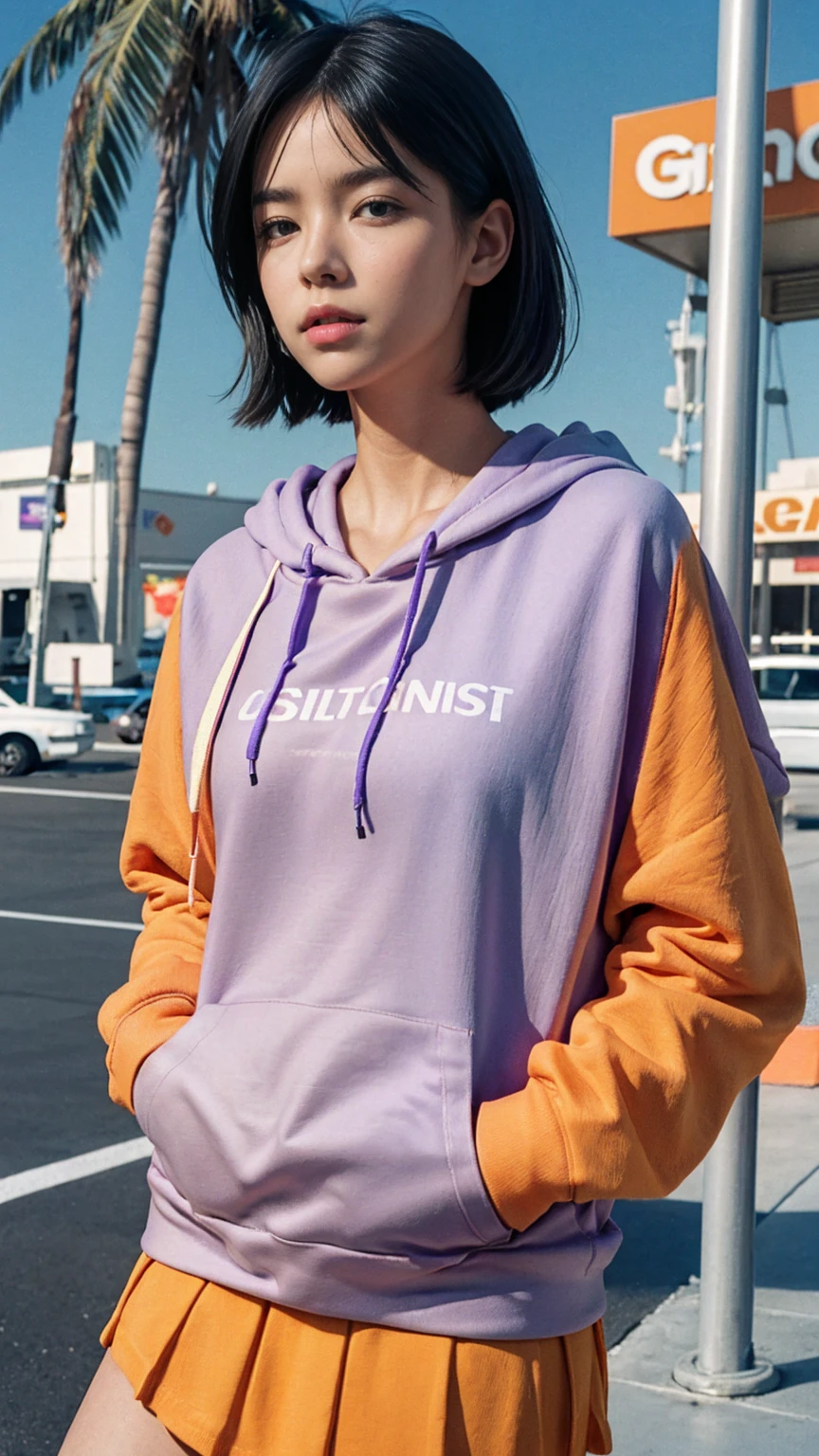 portrait of a 23 yo girl, (perfect natural breast) ,wear (((color orange oversized hoodie))), wear ((purple tennis skirt)),looking front,Best Quality,Masterpiece,Ultra High Resolution,(Realisticity:1.4),Original Photo, 1Girl, light leak,ultra high resolution,UHD,beautiful, (black bob hair), almond eye, no makeup, in front of ((80's gas station)), (realistic:1.2), (surreal:1.3), (very detailed:1.1), ((masterpiece)),summer, blue sky, palm trees,sunny, los angles vibes,film camera, 800mm lens,style of Philip Lorca diCorcia