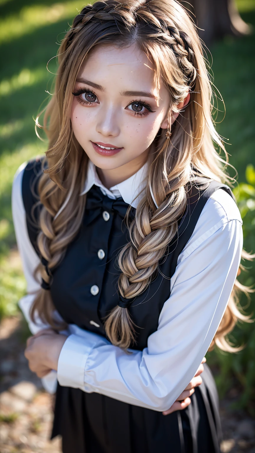 Realistic, masterpiece, Highest quality, Highest Resolution, High detail, Soft Light, Professional Lighting, Backlight, Film Grain, The background is blurred, Japanese , (The subject was photographed from above at an angle, The subject is not looking at the camera:1.3), 16 years old, Upper body photo, Looks sleepy, inattention, Grin, Open your mouth, Beautiful and detailed eye drawing, (Droopy eyes:1.3), Dark Eyes, Thin eyebrows, Draw eyelashes carefully, Eyelash extensions, Gal Makeup, Orange Cheeks, (White brown wavy hair, Long Hair, Braiding, middle part:1.3), (Hidden eyelid wrinkles:1.3), (Gothic Summer School Uniform:1.3), (Summer Forest:1.3)