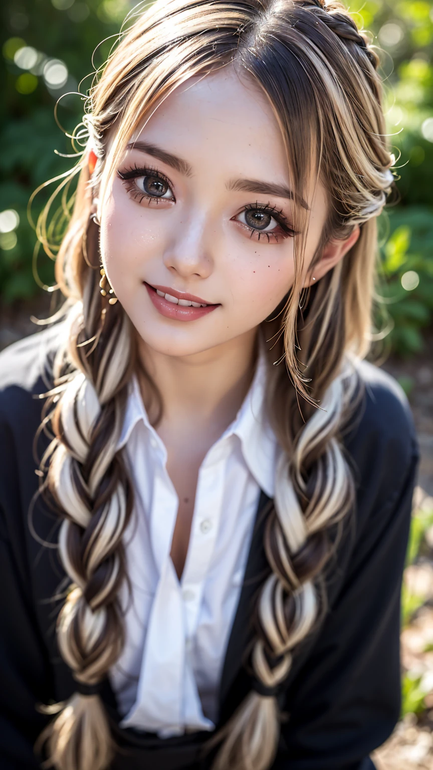 Realistic, masterpiece, Highest quality, Highest Resolution, High detail, Soft Light, Professional Lighting, Backlight, Film Grain, The background is blurred, Japanese , (The subject was photographed from above at an angle, The subject is not looking at the camera:1.3), 16 years old, Upper body photo, Looks sleepy, inattention, Grin, Open your mouth, Beautiful and detailed eye drawing, (Droopy eyes:1.3), Dark Eyes, Thin eyebrows, Draw eyelashes carefully, Eyelash extensions, Gal Makeup, Orange Cheeks, (White brown wavy hair, Long Hair, Braiding, middle part:1.3), (Hidden eyelid wrinkles:1.3), (Gothic Summer School Uniform:1.3), (Summer Forest:1.3)
