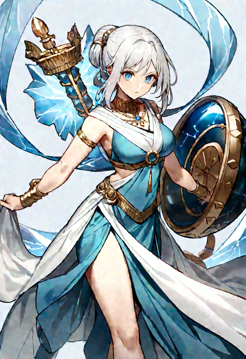 (Huang Li、high quality、Extremely detailed),Constellation - Aquarius Goddess,Huge bottle,Woman holding bottle,Similar to Latin goodness,brave,capricious,Productivity,The face of enterprising and humanitarianism,White hair,Ancient Greek costumes、Wrap Dress,The background is the ocean,Crystal blue eyes(Eyes Details),Powerful appearance