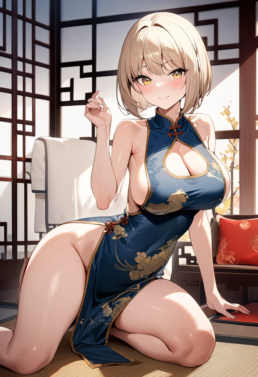 1 girl, (solo:1.2), tall girl, beige hair,short beige hair, straight short hair, gold eyes, (Full Breasts), (thigh), High Height, masterpiece, high resolution, shiny, (full body), beautiful, A cute smile that makes the viewer happy, highly detailed beautiful face and eyes, looking at viewer, (cheongsam clothing,bare shoulders, china dress, chinese clothes, short dress, cleavage cutout, sideboob, slit, thighs,:1.2), (sexy:1.2),