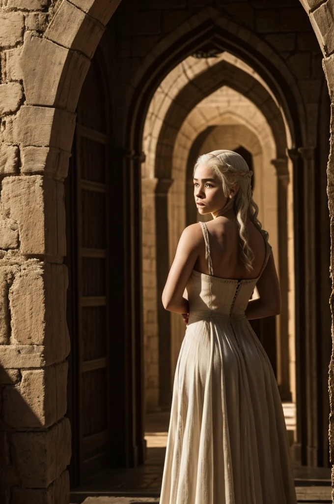 Photo from the front Daenerys Targaryen standing in castle, dress bigger size and ass