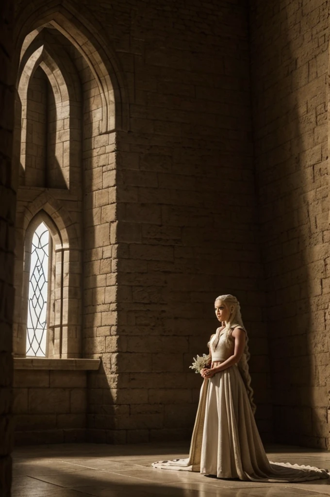Photo from the front Daenerys Targaryen standing in castle, dress bigger size and ass
