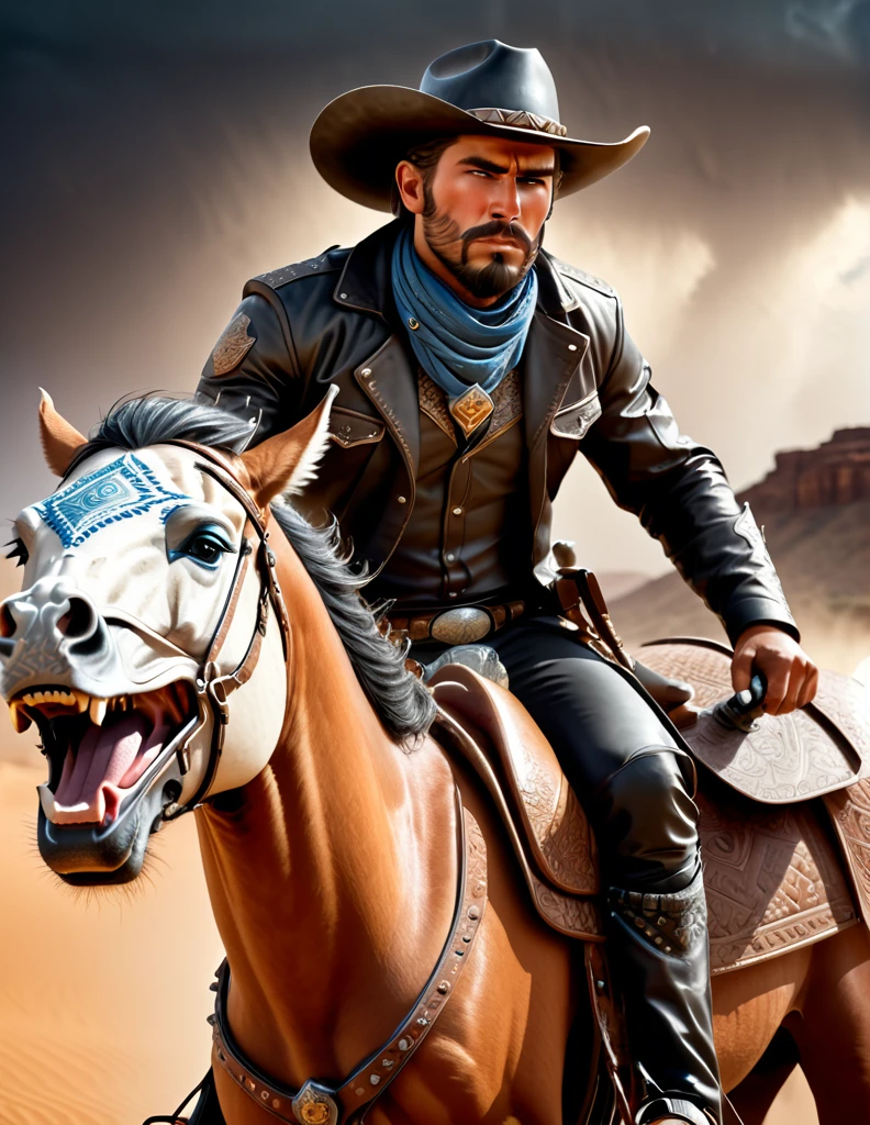 Cinematic Image of Professional Photography of Brave Cowboy at a dessert, taking cover behind his cyborg Steed in a dessert storm, detailed face, detailed eyes, symmetric eyes, detailed facial hair, cinematic, volumetric lighting, ultra-sharp focus.