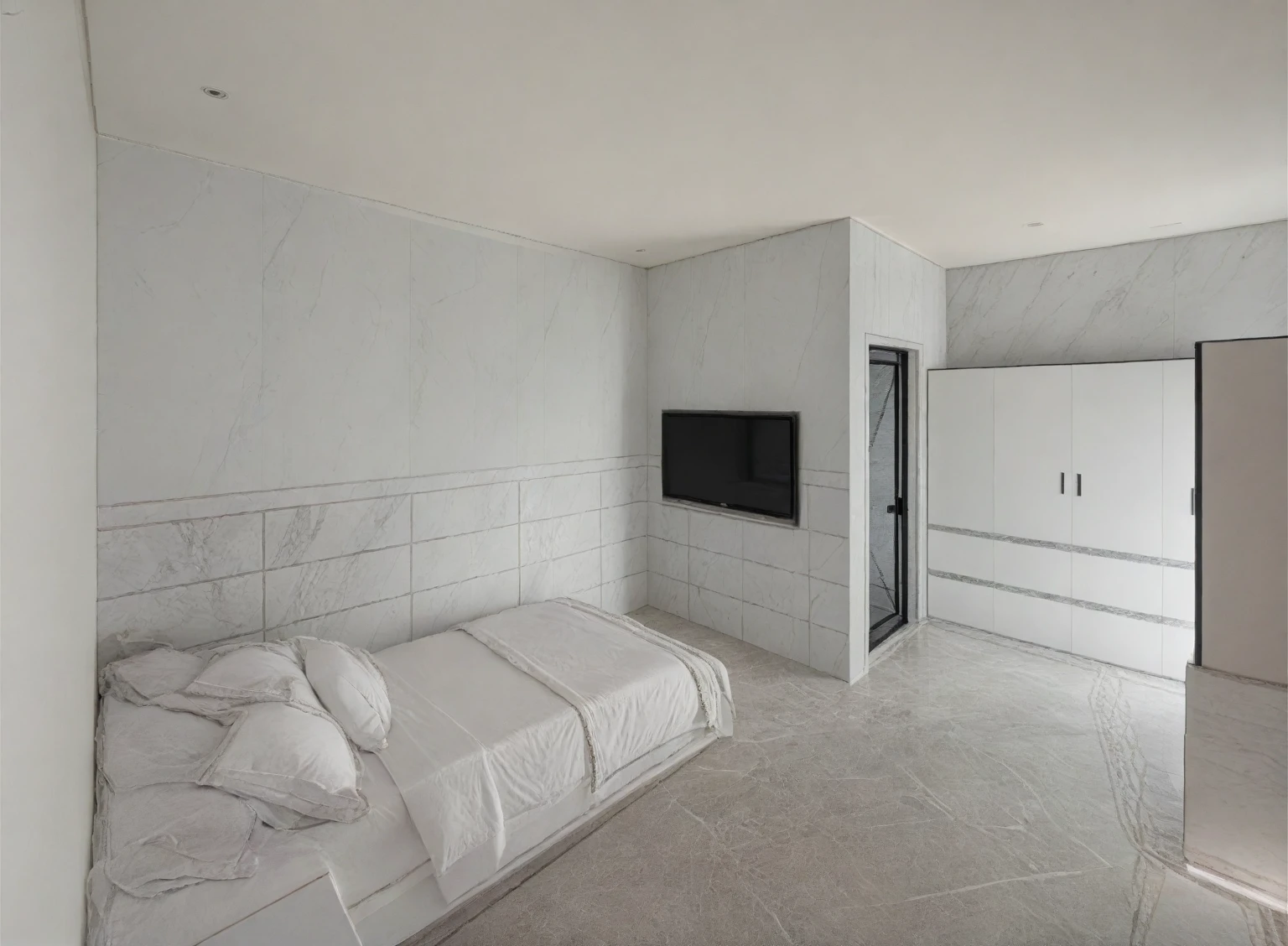 Raw photo,Masterpiece, high quality, best quality, authentic, super detail,
indoors, interior , (( BEDROOM :1.3 )), modern style, daylight, (WHITE WALL),luxury, marble tile floor.