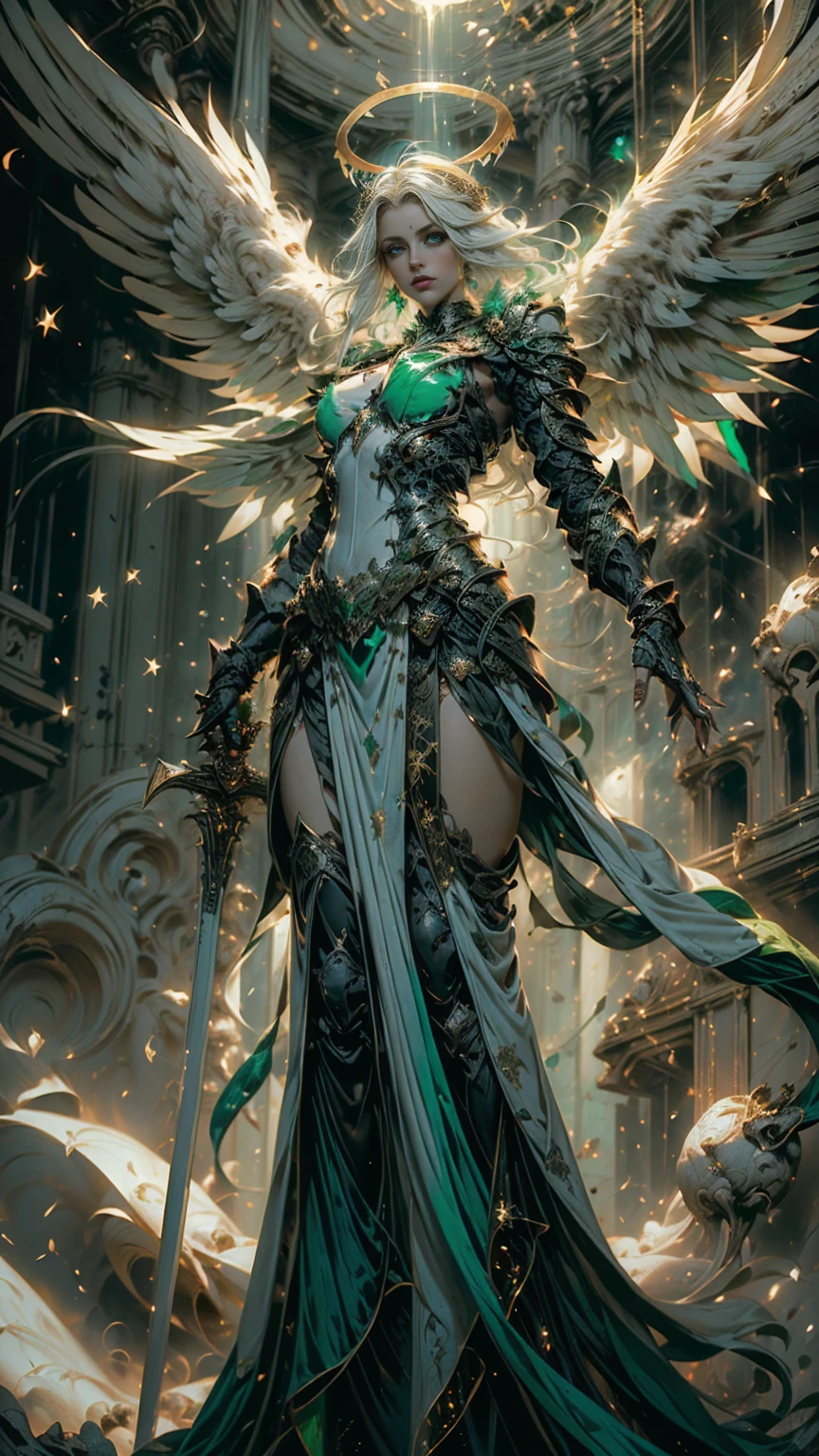 from below, close up, ((1 woman, ella es una domination en la jerarquía de los ángeles, alone, translucent white hair, extremely long and shiny hair, green halo, thick lips, emerald green eyes, domination, ethereal beauty.)) angel wings with green feathers, ((He has a gold and green staff as a weapon)) ((she is dressed with: divine clothes, ethereal and mystical dress, emerald green armor )). sealing the boundaries between dimensions, angry and radiant look, expression of anger. ((sky, intense light particles, sparkles and light green magic circle)) ((Around: un sky dimensional, con luces de energía verde intrincada rodeando a la domination, un portal se muestra al fondo de donde emerge la domination, luminescent vines, green light rays)) ((realist, photo-realist:1.3), Masterpiece, extremely detailed pale body, Half body, giant, green colors, White and grey))