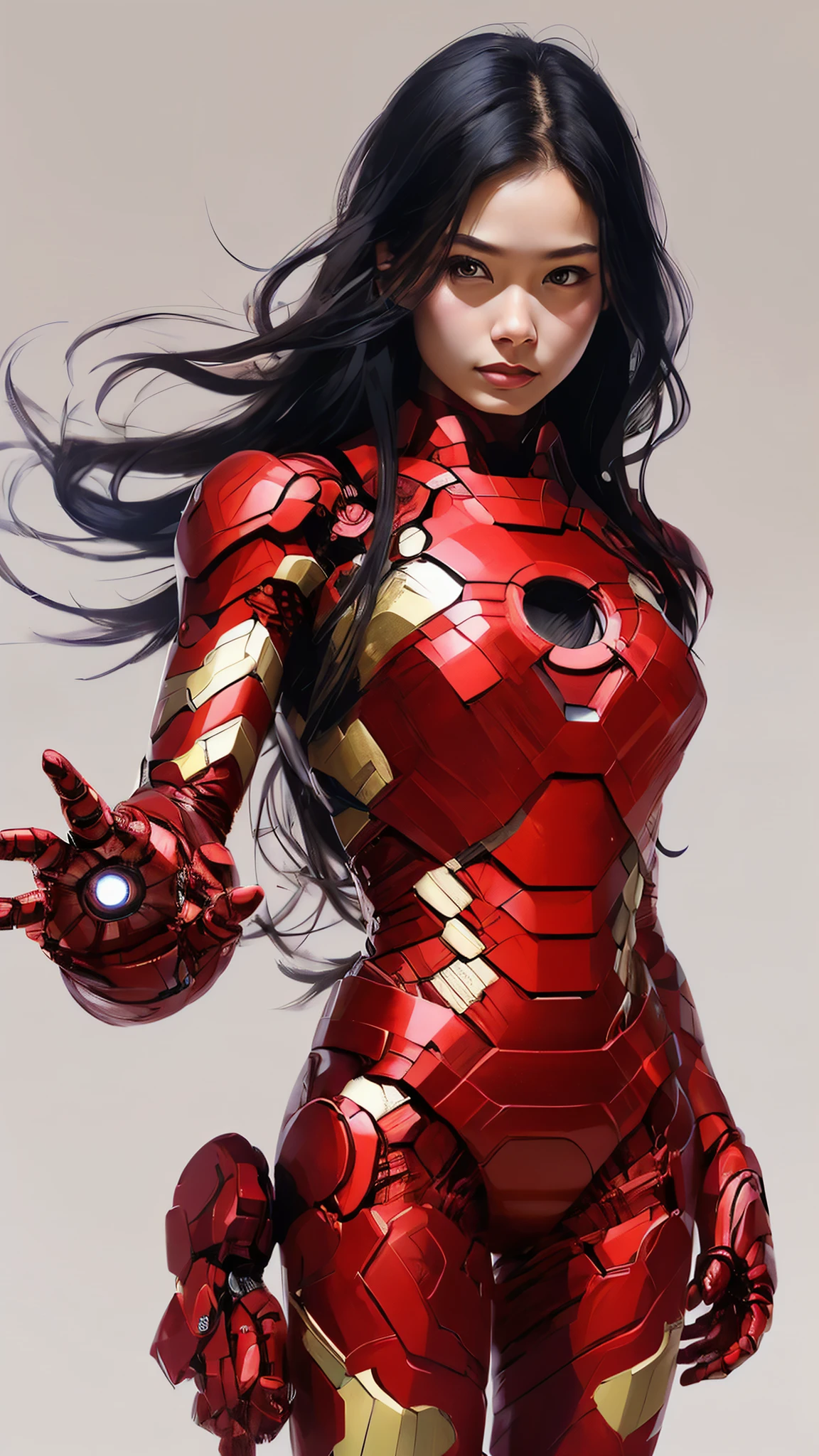 Iron Man Design、Simple Background、18-year-old、Asian、Black Hair、Hime cut、woman、womanのシルエット、Moderate bust、